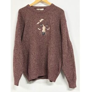 Vintage Winona Knits Wolf Embroidered Sweater Mens Large Burgundy Made in USA